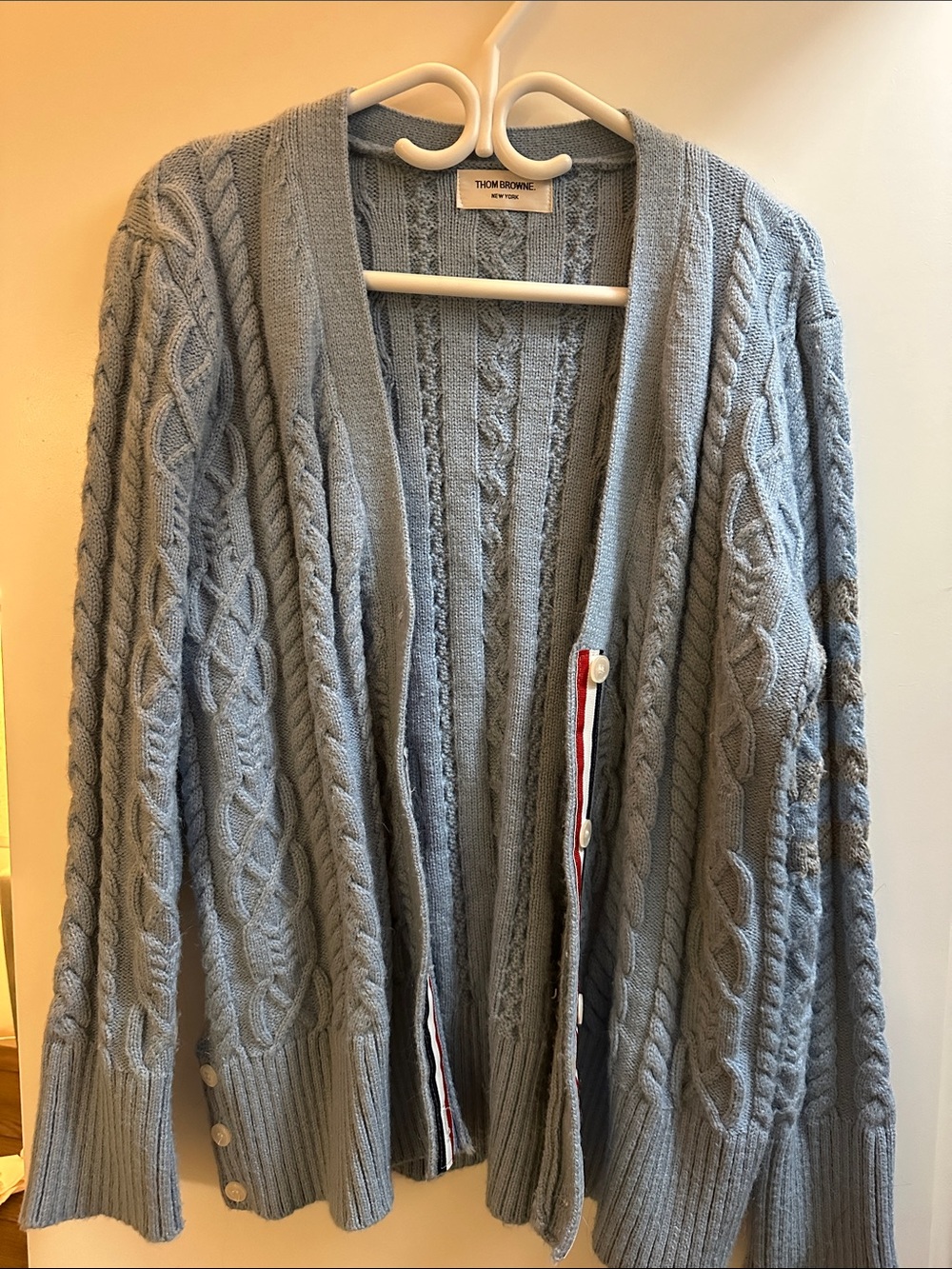 Thom Browne Light Blue Cable-Knit Cardigan with Tricolor Trim